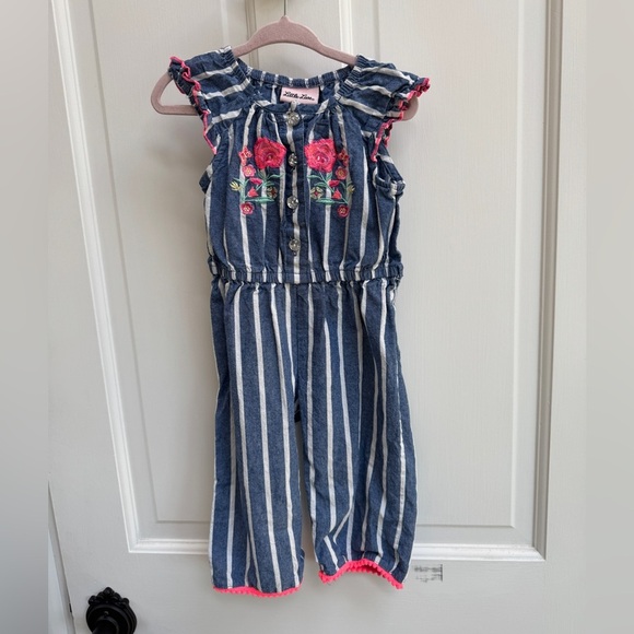 Little Lass Other - Little Lass 3T Girls Blue and White Striped Short Sleeve Jumpsuit Floral Accents